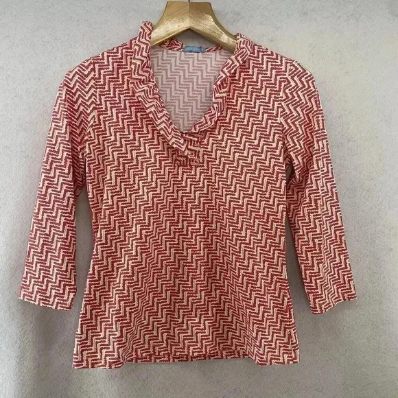 J McLaughlin Women’s Durham Ruffle Red Geometric Catalina‎ Cloth Top Size Small - Picture 1 of 5